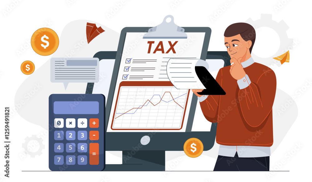 Businessman analyzing tax documents and financial data. Businessman analyzing tax documents and financial data.