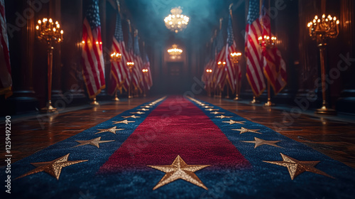 A long corridor hall decorated with American flags and red, blue  and gold stars carpet for Presidents' Day backdrop banner background