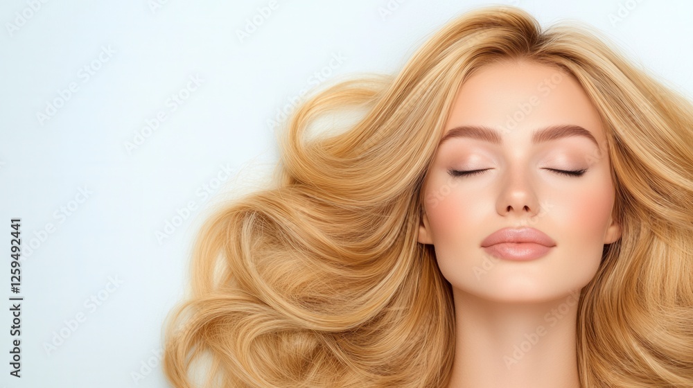 Naklejka premium Serene Blonde Woman With Long Wavy Hair On Light Gray Background