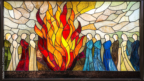Stained glass depiction of a group of people with a flame behind them, featuring a color palette of light blue, red, and yellow
