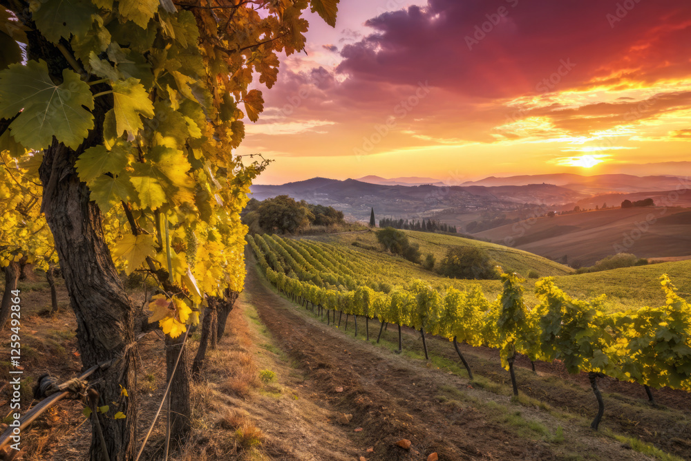 Naklejka premium Golden vineyards at sunset with rolling hills and vibrant sky