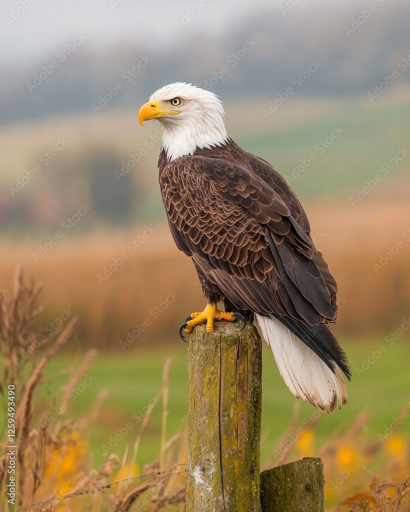 Fototapeta premium Bald eagle perched on a post scenic nature landscape serene environment wildlife