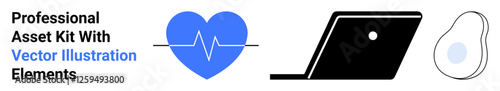 Blue heart with heartbeat line, black laptop, simple avocado line art. Ideal for tech, health, lifestyle, productivity, wellness, food abstract line flat metaphor