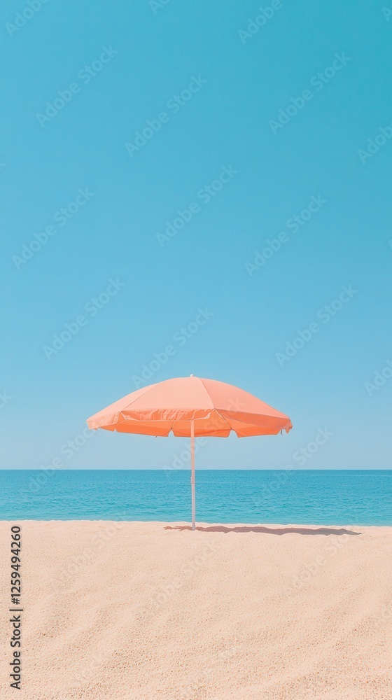 Relaxing beach scene with orange umbrella coastal shoreline sunny day tranquil atmosphere Relaxing beach scene with orange umbrella coastal shoreline sunny day tranquil atmosphere