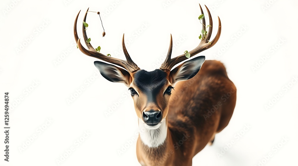 Deer with Green Leaves on Antlers Against a White Background Deer with Green Leaves on Antlers Against a White Background