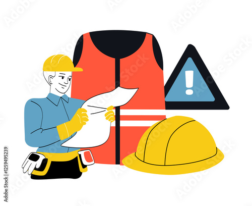 Construction worker with safety gear and blueprint. 