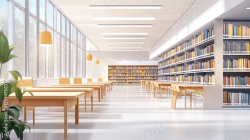 Modern library interior, sunlight, bookshelves, tables, study
