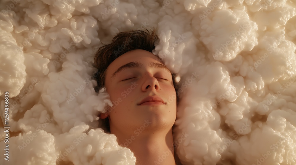 Dreaming in Cotton Clouds: A young man rests peacefully, his face partially obscured by soft, fluffy cotton, creating a surreal and dreamy atmosphere. The image evokes feelings of tranquility. Dreaming in Cotton Clouds: A young man rests peacefully, his face partially obscured by soft, fluffy cotton, creating a surreal and dreamy atmosphere. The image evokes feelings of tranquility.