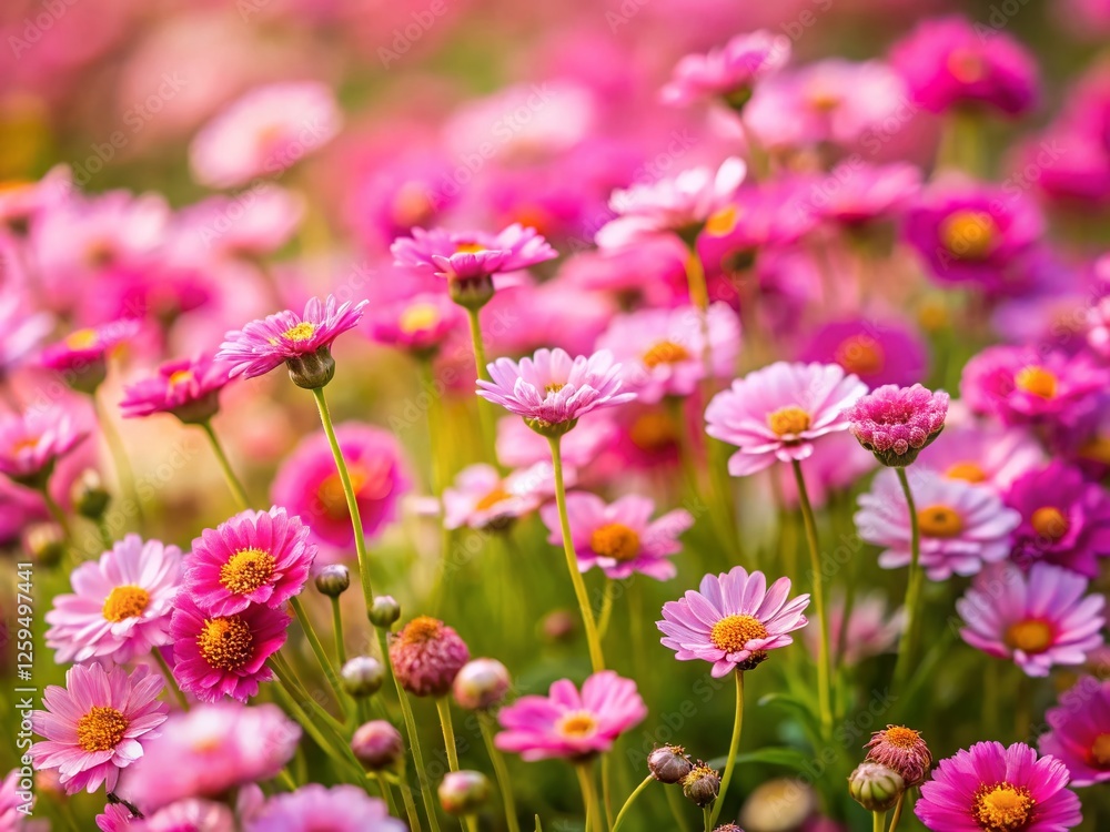 Delicate Pink Wildflowers in a Field - Spring Meadow Bloom Stock Photo