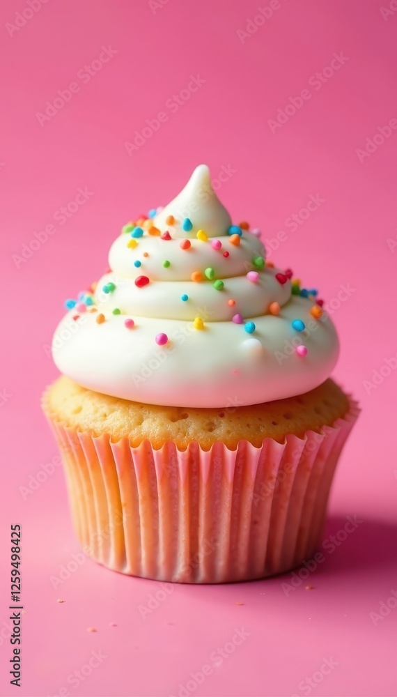 Close-up, frosted cupcake, rainbow sprinkles, pink background , visual, frosting, texture Close-up, frosted cupcake, rainbow sprinkles, pink background , visual, frosting, texture
