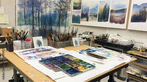 An artist’s watercolor palette with various brushes resting on the table, surrounded by unfinished paintings in an art classroom.