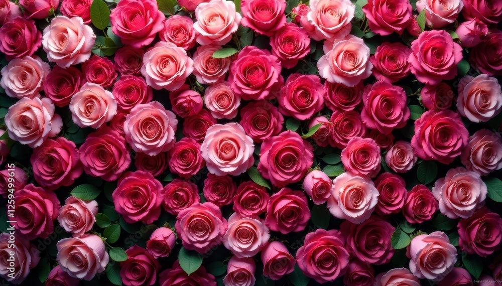 Naklejka premium Vibrant rose wall, lush blooms, romantic backdrop, nature, bloom, background