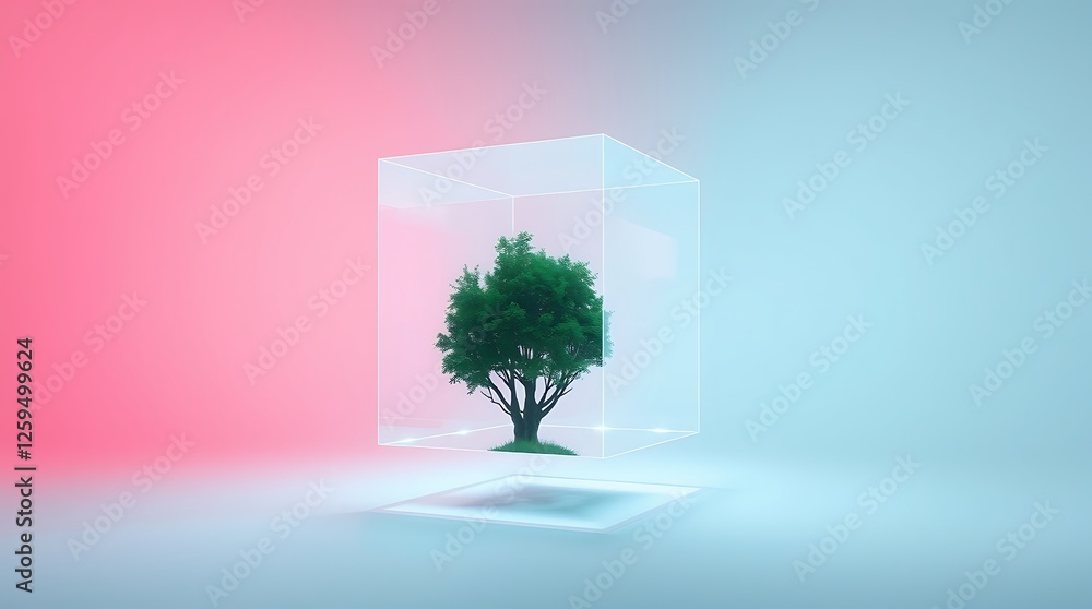 Obraz premium Tree Inside Glass Cube with Colorful Background Representing Growth and Future