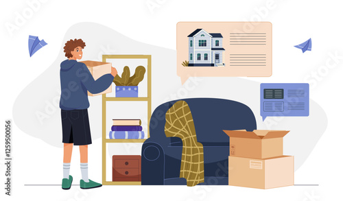 Young man packing belongings into boxes in cozy living room. 