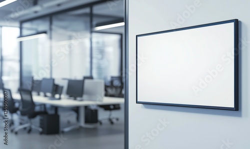 Blank Digital Signage in Modern Office: A sleek, blank digital signage display mounted on a wall in a contemporary office setting, offering a versatile canvas for brand messaging and information.