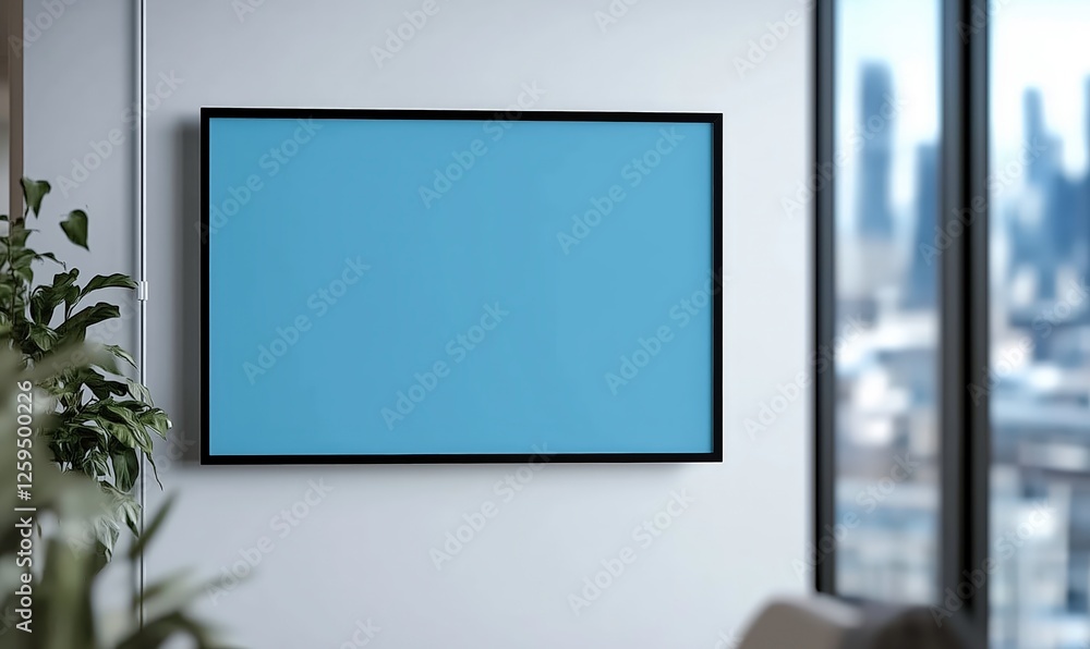 Fototapeta premium Modern Living Room TV Mockup: A sleek, black-framed flat-screen television hangs on a minimalist white wall, offering a perfect canvas for branding or design displays.