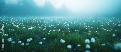 Misty Sunrise Over a Serene Meadow Shrouded in Fog with Gentle Light Illuminating Delicate Wildflowers and Grassy Fields photo