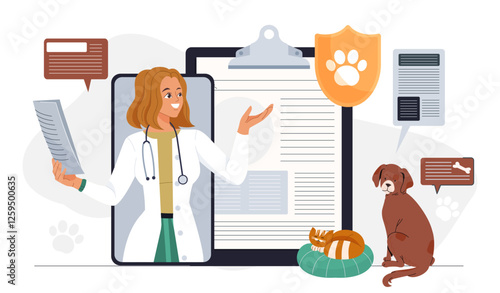 Online veterinary consultation concept with pet doctor and animals. 