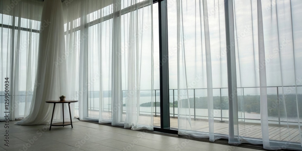 Floor-to-ceiling windows with sheer white curtains and a minimalist side table, modern architecture, large windows Floor-to-ceiling windows with sheer white curtains and a minimalist side table, modern architecture, large windows
