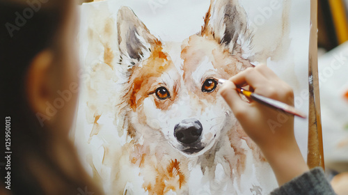 A child carefully adding layers of watercolor to a portrait of a dog, focusing on shading and detailing the fur texture with different brush strokes.