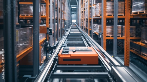 Industrial warehouse. Automated storage and retrieval systems. Showcasing efficiency and technology. Ideal for logistics and warehousing presentations.