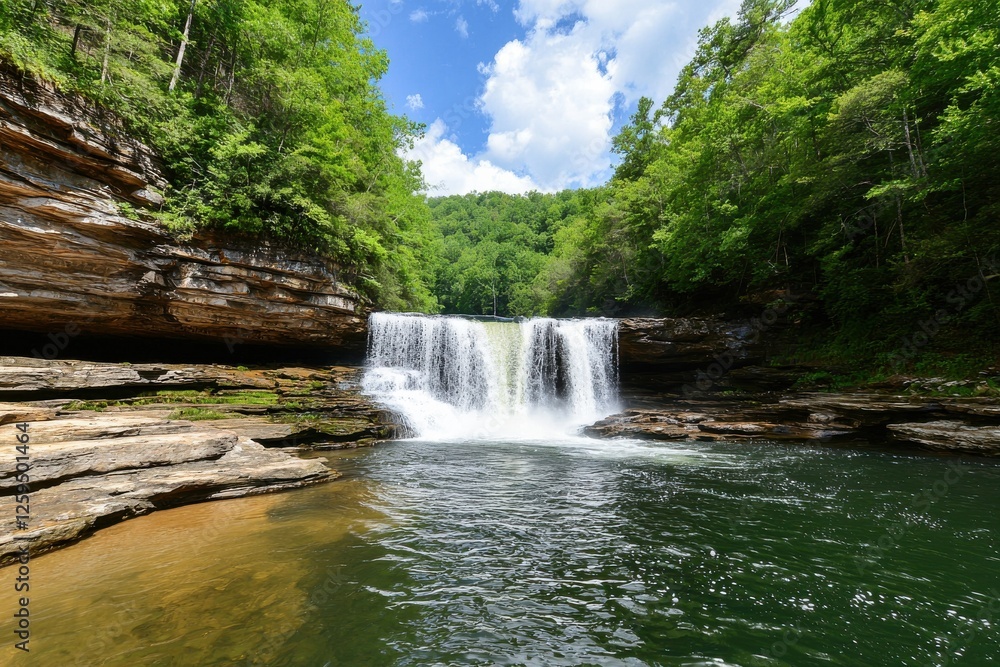 Fototapeta premium A serene waterfall cascades into a tranquil pool, surrounded by lush greenery and a bright blue sky, creating a perfect natural retreat.