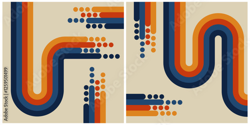 Abstract Retro Design With Orange and Blue Curves and Clean Dot Accents
