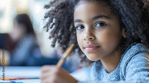A child focused on painting with watercolors, using a brush to create a colorful art piece during an art class.