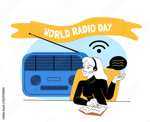 World Radio Day celebration with a female radio host and vintage radio. 