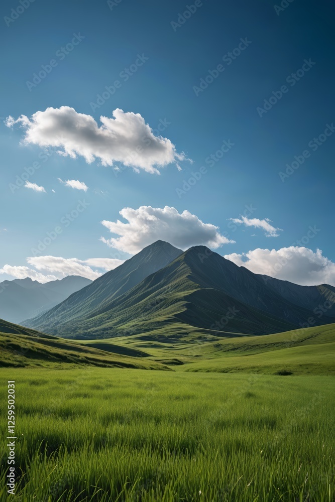 Fototapeta premium grassy field with mountains in the background and a blue sky