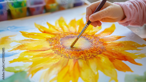 A child painting a bright and cheerful sunflower with watercolors, paying close attention to the layers of petals and the sunflower’s vibrant yellow hues.