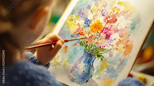 A child painting a flower in a vase using watercolors, carefully layering the colors to achieve depth and detail with a fine brush.