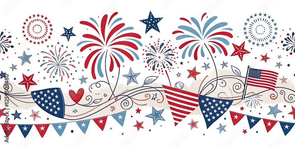 Obraz premium Independence Day seamless horizontal border with festive symbols. Isolated on white background. Patriotic holiday decor 