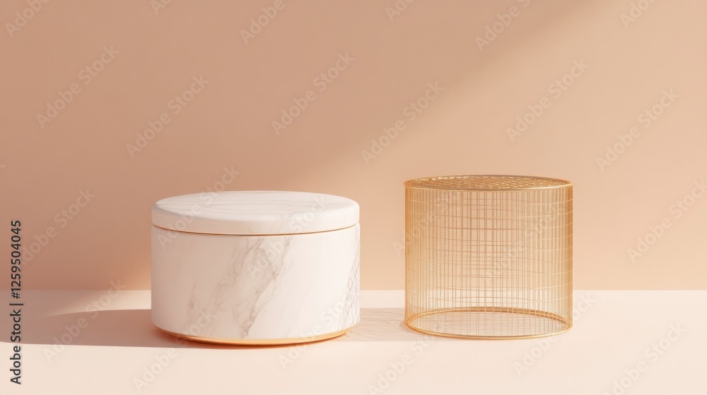 A minimalist white marble and brass storage jar with a round body, sitting on the ground next to an empty gold wire mesh grid container against a pastel peach background