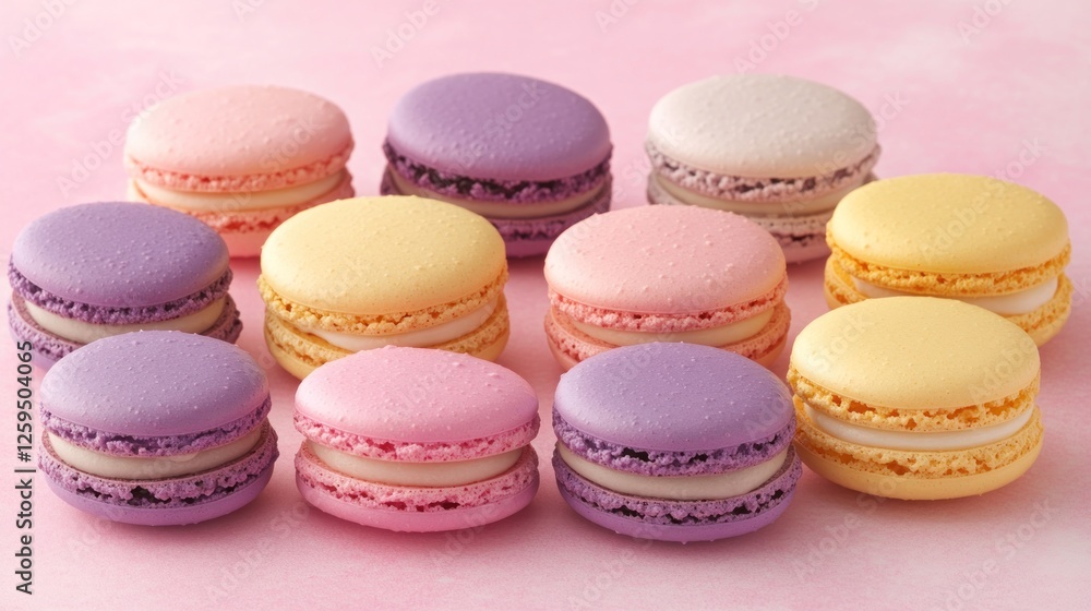 Colorful macarons on pink background, sweet treat, bakery Colorful macarons on pink background, sweet treat, bakery