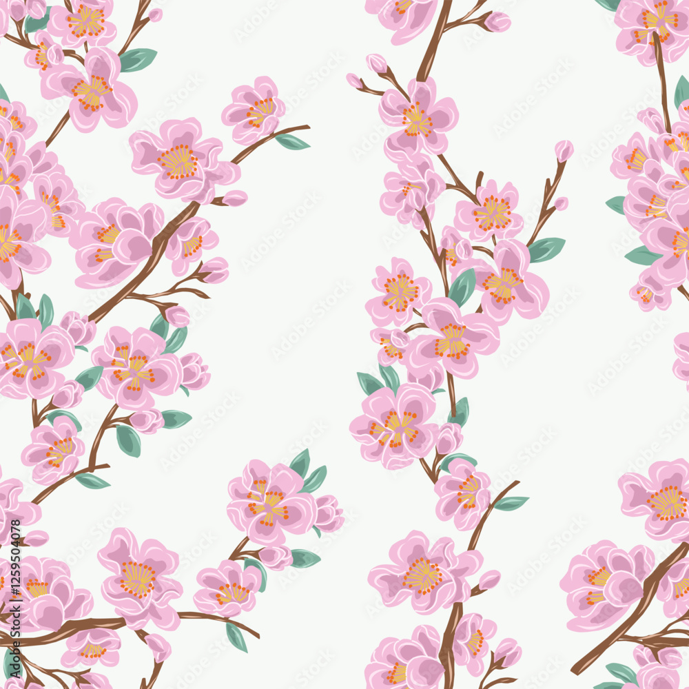 Fototapeta premium Hand Drawn Pink Cherry Blossom Seamless Pattern