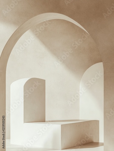 Abstract shapes, minimalist and simple, on a beige white background, with white pedestals in the foreground, organic shapes, in close-up.