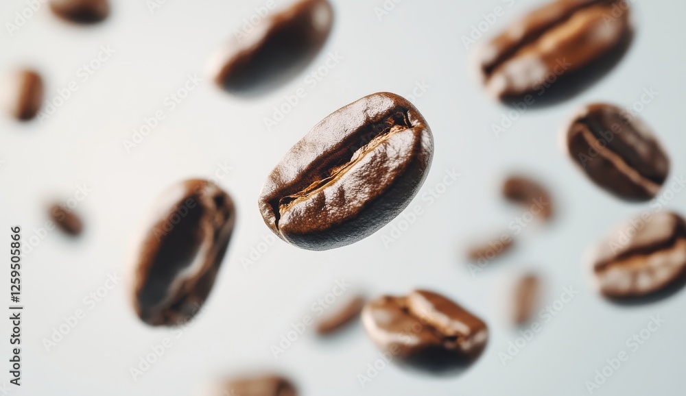 Coffee Beans in Motion: Roasted coffee beans levitate against a soft backdrop, capturing the essence of energy and aromatic richness. The image evokes the invigorating feeling of a fresh brew. Coffee Beans in Motion: Roasted coffee beans levitate against a soft backdrop, capturing the essence of energy and aromatic richness. The image evokes the invigorating feeling of a fresh brew.