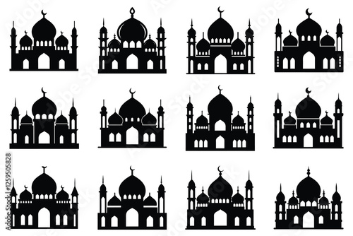 Arabic architecture silhouette. Mosque roof, islamic cityscape panorama and minaret skyline silhouettes. vector illustration set. Architecture silhouette, arabic mosque, islam minaret