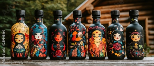 Traditional Russian Bottles Featuring Colorful Matryoshka Designs in a Natural Setting with a Rustic Feel