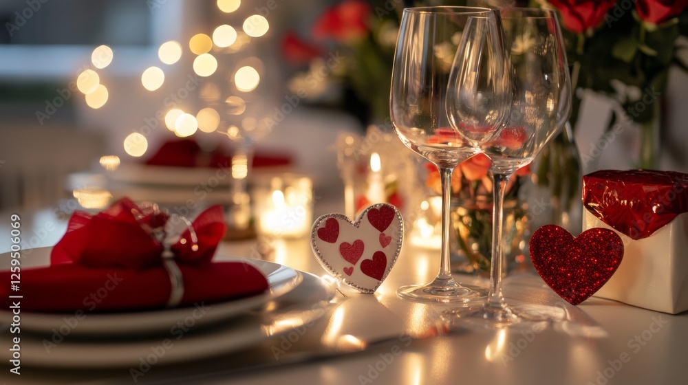 Valentine’s Day romantic dinner setup. Featuring a beautifully arranged table with decorations and gifts. Ideal for Valentine’s celebrations. Valentine’s Day romantic dinner setup. Featuring a beautifully arranged table with decorations and gifts. Ideal for Valentine’s celebrations.