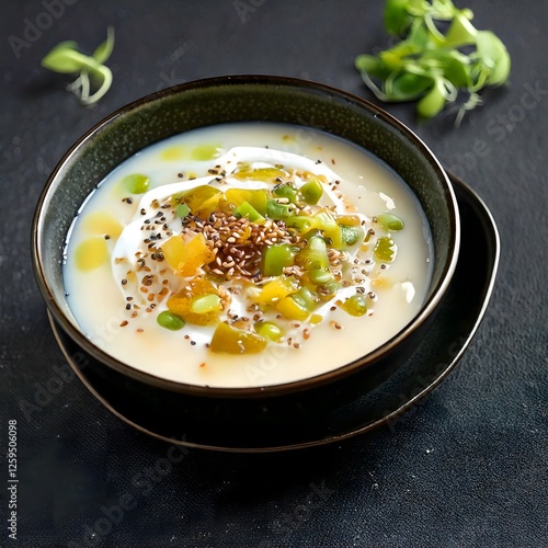A bowl of sweet and chewy chè, a traditional Vietnamese dessert soup made with coconut milk, mung beans, jelly, and colorful tapioca pearls. A delightful and refreshing treat.