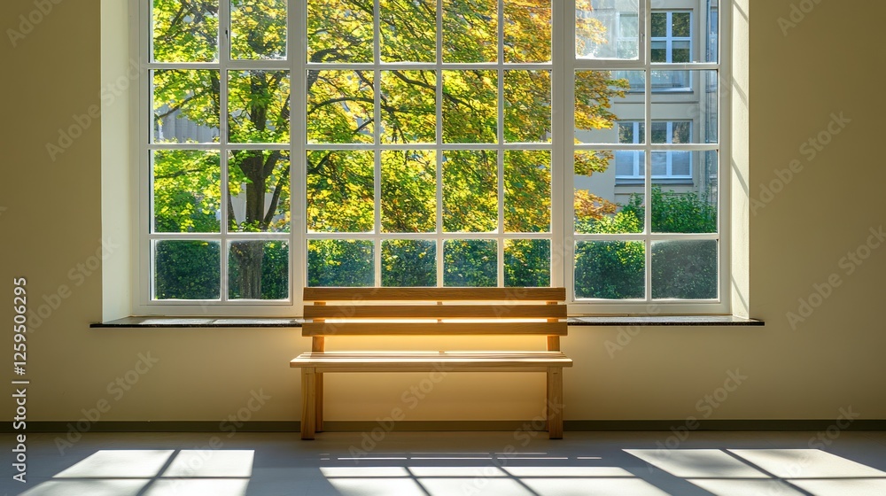 Fototapeta premium Wooden bench sunlight autumn window waiting room