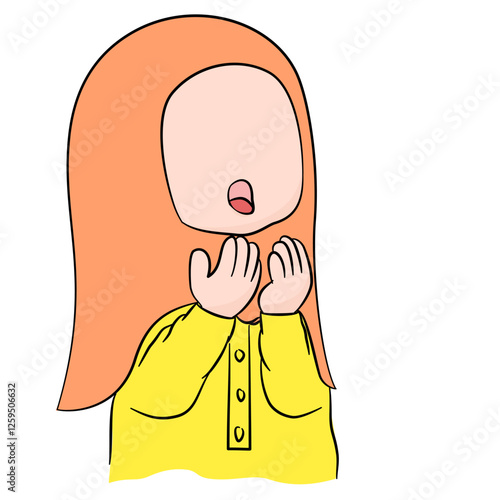 Moslem Girl wearing hijab and praying. Children kids cartoon character.