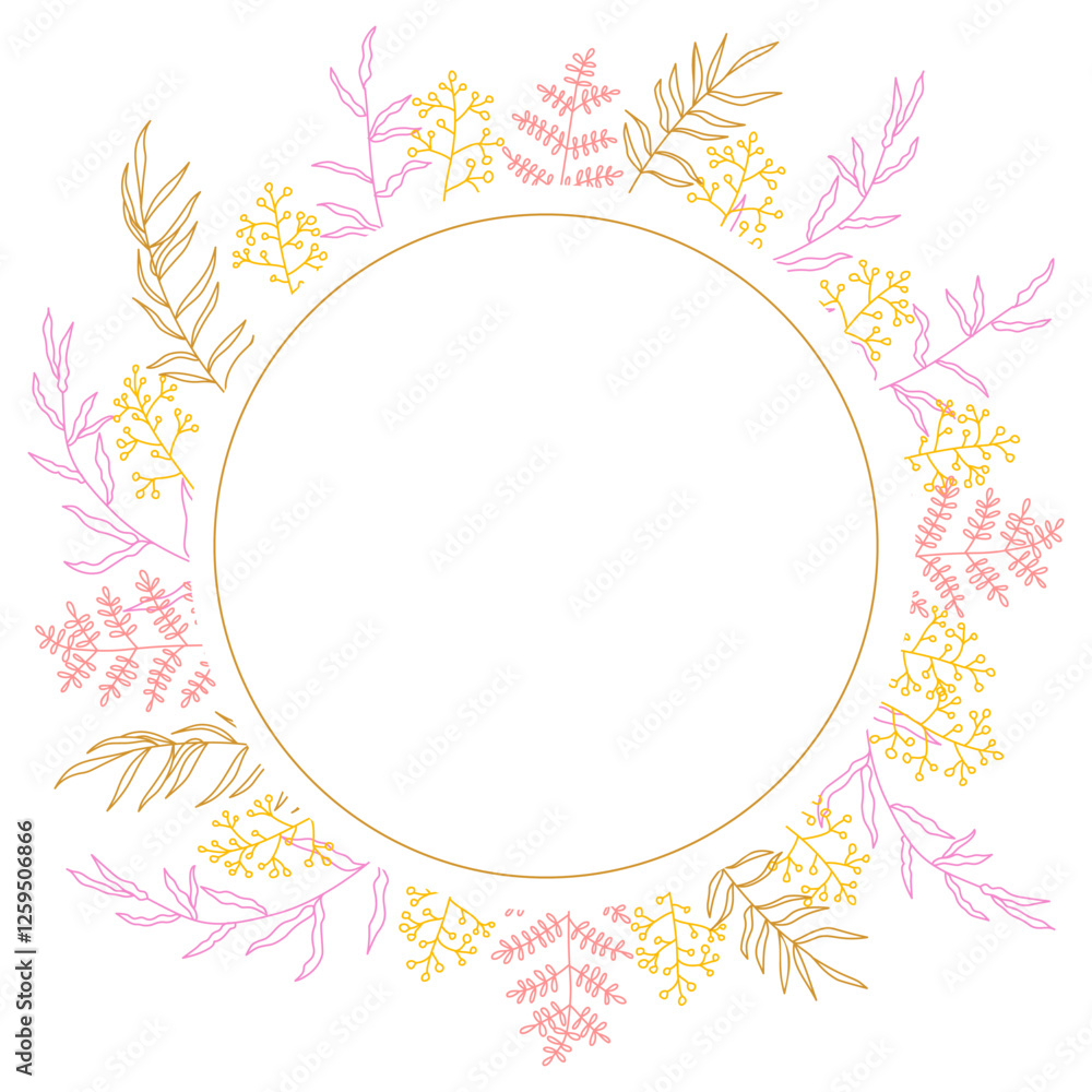 Floral wreath frame with copyspace. Hand drawn pastel pink flowers and branches Floral wreath frame with copyspace. Hand drawn pastel pink flowers and branches