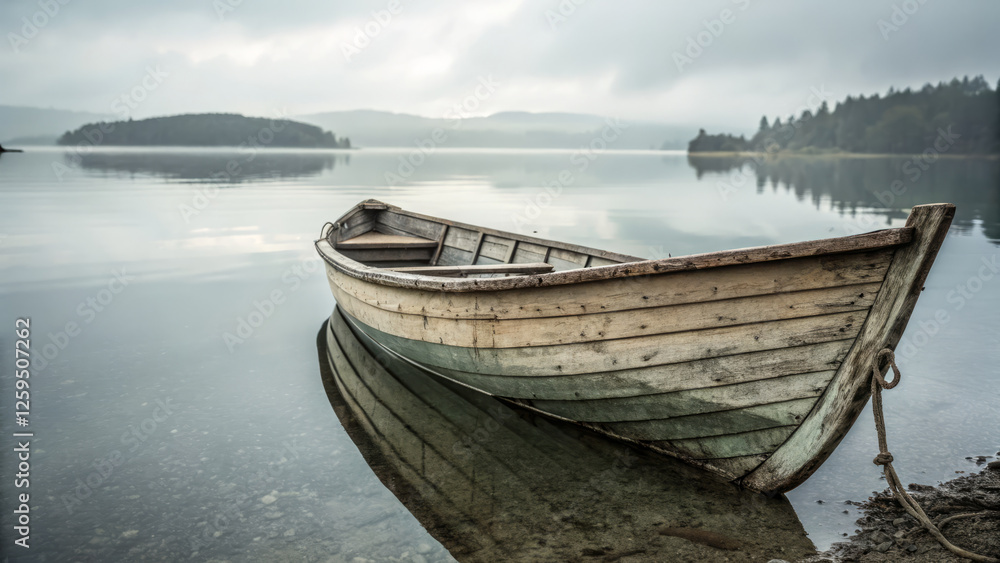 Obraz premium Wooden rowboat on calm lake with misty mountains in background