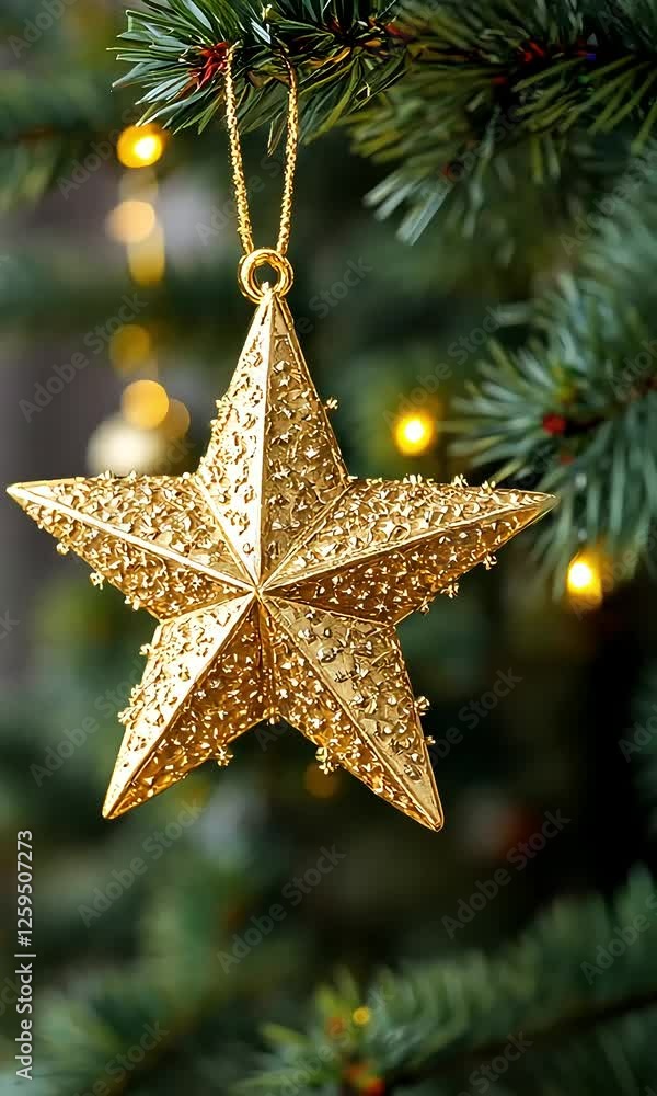 Golden Glitter Star Christmas Ornament on Green Tree Golden Glitter Star Christmas Ornament on Green Tree