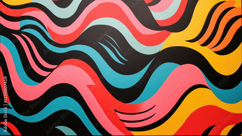 Abstract wavy pattern design featuring vibrant coral, turquoise, and yellow curved lines against a black background creating a dynamic lenticular art effect with fluid movement. Abstract wavy pattern design featuring vibrant coral, turquoise, and yellow curved lines against a black background creating a dynamic lenticular art effect with fluid movement.