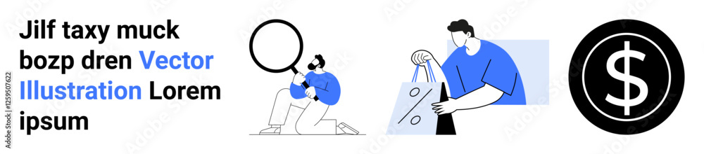 Human figure investigating with magnifying glass, person holding shopping bags, and dollar sign icon. Ideal for business, research, shopping, finance, analytics ecommerce marketing. Landing page