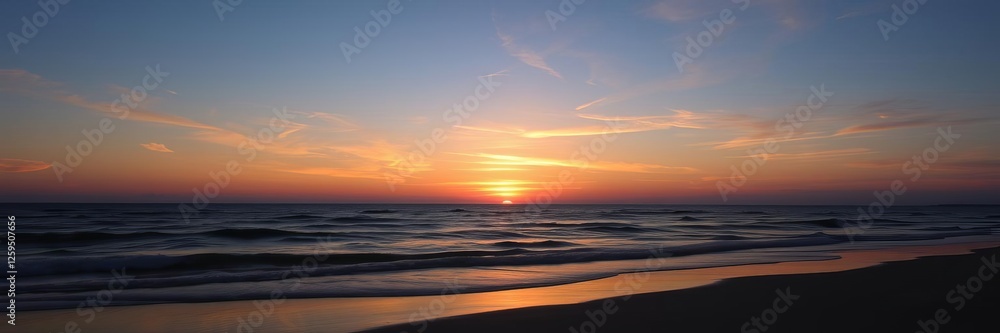 Fototapeta premium Vibrant sunset over calm ocean beach with sky reflecting on water, serene, scenic, sunset